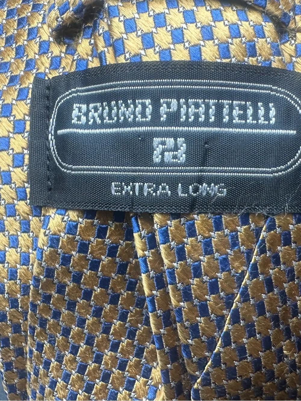 Bruno Piattelli — Gold & Blue Micro-Check Silk, Extra Long